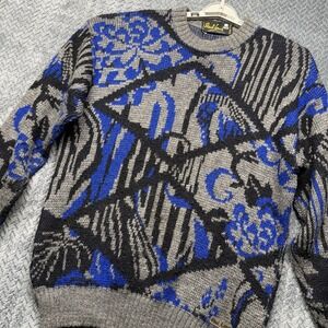 Vintage Abstract Knit Sweater Men's M/L Gray‎ Blue 80s 90s Argentina Paul Lame